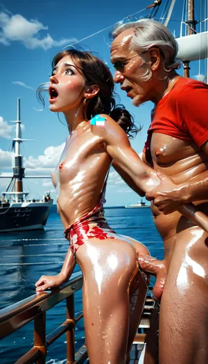(gorgeous old girl enjoys anal sex), 1 old man, (she is leaning on the railing of a cruise ship), (very, old, petite, girl:1.4), (sexy old Tik-Tok influencer), petite, very cute, looking down, ((open mouth), massive orgasm), surprised, slim body, (((shiny skin))), (grey hair), absolute natural beauty, elastic and perky breasts, slim body build, very small virgin vagina, (1 leg lifted up), fit body, (sexy floral dress:1.2), sweating, blue eyes, sweet and adorable face, (clear pussy juices squirt from her vagina:1.4), Caucasian penis, lustful facial expression. perfectly realistic photo, high resolution, insanely detailed, photo quality, (beautiful sunset)