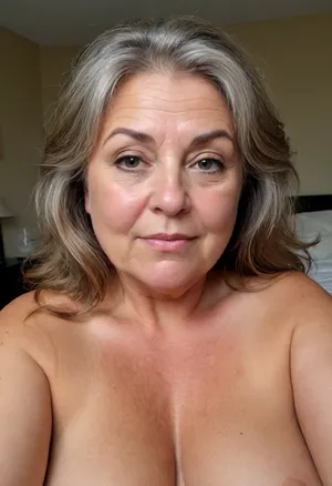 sexy mature old, 75 years old, brunette, long hair, super tiny tits, tan skin, very chubby, fat bbw, sexy, horny, naught face, very small tits, selfie picture, face and boobs focus, sweaty body, very sweaty, in the morning, after sleep, messy hair, morning face, very charming, cute