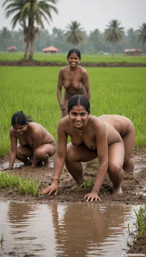A vibrant rural scene showing a group of South Indian women 36 years old farmers working in a lush, dark chocolate skin tone, squatting down outside, (naked), big golden mangalsutra on neck and anklets. water-filled paddy field. The women are bent over, planting green rice seedlings in neat rows. with their feet submerged in muddy water. Some women are smiling and engaged in the task, while others concentrate on their work. The background features distant trees, electric poles, and a cloudy sky, highlighting the agricultural landscape of a village in India, black hairy pussy, unshaved pussy, dark pussy, ((Ultimate realistic photo details)), (((dynamic sexy down pose))), (((bright sunlight))), detailxl, hard nipples, part areola exposed, (((from below))), full body image, full body viisible, top to toe image, <lora:crying:1.7>