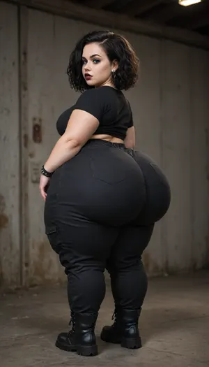 (hyper bbw1.2), (shortstack:.5), wearing goth outfit, combat boots, (hyper fatass:1.3), black cargo pants
