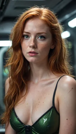 woman, female, 25 years old, long ginger hair, messy hairstyle, green eyes, freckles, uggly, extrem deep cleavage, eye contact, cyber punk, in space, dark starship, uggly window, stars, high detailed, close to face, portrait
