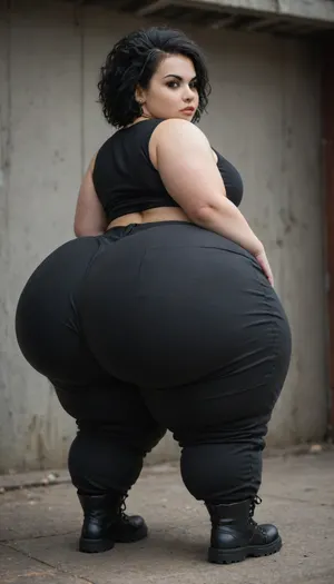 (hyper bbw1.2), (shortstack:.5), wearing goth outfit, combat boots, (hyper fatass:1.3), black cargo pants