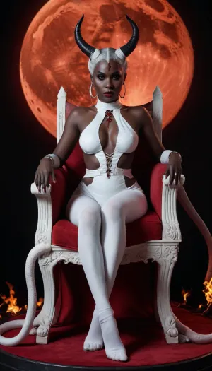 Succubus, Lilith, sin. Horns. long snake like tail. sitting on her throne in the flame. Night time Full red Moon. demon black skin. evil., (dressed in white)