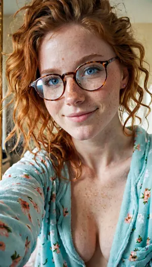 18 year old girl, babe face, ginger, freckles, smile, best quality, photorealism, masterpiece, ice blue eyes, messy hair, (pajama pants), glasses, topless, taking selfie in mirror, Big nipples, Big areolas, pierced nipples.