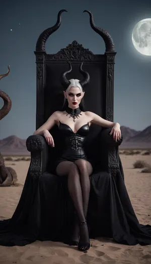 Succubus, Lilith, sin. Horns. long snake like tail. sitting on her throne in the dessert. Night time Full Moon. demon white skin. evil., (dressed in black)