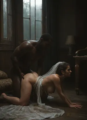 (((interracial))), (side view), large black penis, (brutal black man), (((black penis pissing on the bride))), wet wedding dress, A dark and melancholic atmosphere, A dark and moody modern house interior, thick blackout curtains drawn shut, a thin beam of soft light seeping through a small gap in the curtains, minimalistic furniture, cold and muted color palette, (dark greys, deep blues), dust particles in the light, atmosphere of stillness and sadness, cinematic lighting, high contrast shadows, quiet and empty. giant muscular black skin man, black man step on the bride, traditional Persian chubby bride in sexy cutout wedding dress, full, torn white stockings, (black spades tattoo), . body, all, fours, kneeling, spread, legs, top-down, bottom-up, single, leg, step on her head, stepped, on, head, ground, BadX, soakingwetclothes, <lora:SteppedOnHead-anxl31-000099:1.1>, <lora:MJ52:.8>, <lora:dark:.4>, <lora:soakingwetclothesXL:.8>, <lora:piss_in_mouth_deepmind:.8>