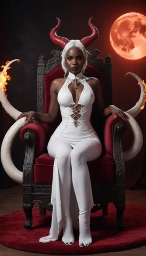 Succubus, Lilith, sin. Horns. long snake like tail. sitting on her throne in the flame. Night time Full red Moon. demon black skin. evil., (dressed in white)