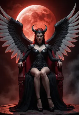Angel, corrupted goddess, sin. Halo. long wings. sitting on her throne in the hell. Angry look, Night time Full red Moon. white skin. evil., (dressed in black), angry, calm, <lora:angry:1.6>