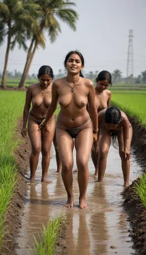 A vibrant rural scene showing a group of Indian women 25 years old farmers working in a lush, dark chocolate skin tone, squatting down outside, (naked), big golden mangalsutra on neck and anklets. water-filled paddy field. The women are bent over, planting green rice seedlings in neat rows. with their feet submerged in muddy water. Some women are smiling and engaged in the task, while others concentrate on their work. The background features distant trees, electric poles, and a cloudy sky, highlighting the agricultural landscape of a village in India, black hairy pussy, unshaved pussy, dark pussy, ((Ultimate realistic photo details)), (((dynamic sexy down pose))), (((bright sunlight))), detailxl, hard nipples, part areola exposed, (((from below))), full body image, full body viisible, top to toe image, <lora:crying:1.7>