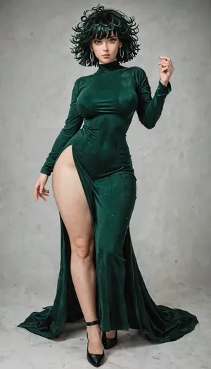 Fubuki from One punch man, cosplay costume Fubuki from One punch man, Full body view, green dress, wide hips, thick thighs