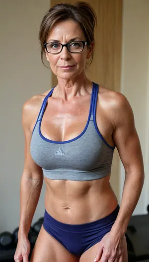 a 50 year old British woman, gym woman, fit tight muscular body, shoulder length brunette greying hair, posing in extremely short very slutty and tight gym outfit, ((sports bra and sports shorts)), she has a nice ass, small breasts, realistic, detailed, tanned, glasses., ((Sweaty from a workout)), Mature, GILF, wrinkles, facial wrinkles, aged, cellulite, fine lines on face and body, old looking.