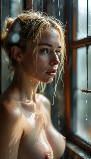 (view from outside, through window), in shower, blonde lady, wet, naked, fingering, kneeling, cumming, view 3/4, raw, <lora:MJ52:.8>, <lora:style_lora_realis:.8>