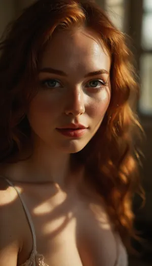 ziprealism, (avant-garde snapshot esthetic, intense lighting, warm sunny lighting, light bloom, god rays, hair glow lighting), (stunning eyes, catch lights, long eyelashes), (f/2.8, f2.8, very shallow depth of field, focus on eyes, low angle shot, profile shot:1.4), (cozy bedroom scene, huge windows, streaming sunlight), (vivid auburn hair, voluminous hair), (huge natural breasts, absurd boobs, soft breasts:1.2), (slender, slim body, skinny), (smug, smug expression, sexy smirk, dimples, full lips), (leaning forward, kneeling), <lora:MJ52:.8>