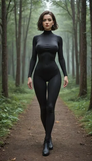 dark short hair, beautiful 18 year old girl, sexy expression, (black tight bodysuit, tight, cameltoe, thigh gap), curvy hips, large breasts, best quality, ultra-detailed, masterpiece, finely detail, highres, 8k wallpaper, eye contact, full body facing camera, slim waist, (dark scary forest)
