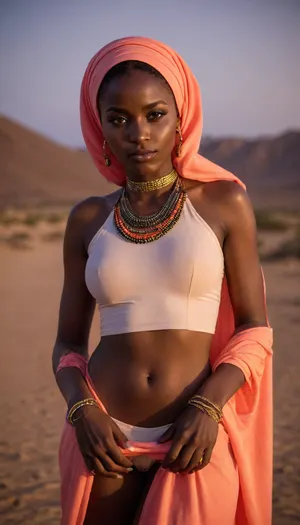 Ultra dark-skinned African woman nakd, deep jet-black skin, wide nose, full thick lips, high cheekbones, tight kinky hair, fluorescent hijab, neon-laced evening sandals, fluorescent nail polish, glowing sunset, tribal, powerful beauty.