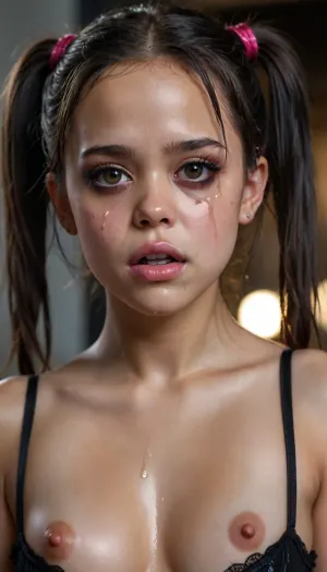 adult Jenna Ortega, 30 yo frightened and embarrassed, tears in eyes, running makeup, cum drips from nose, cum drips from mouth, black pupils, puffy lips, black transparent bra, black pigtails, ghotic background, woman, cum, on, face, <lora:detailed_notrigger:.8>, <lora:DetailedEyes_V3:.8>, <lora:detailer-xl:.8>, <lora:JustCum:2>, perfect nipples