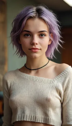 full portrait of woman, ((20 years old)), cheeky smile, ((high detailed skin)), high quality, detailed skin texture, (highly detailed hair), ((skinny body)), ((slim body)), (realistic), soft focus, insanely detailed, highest quality, ((cropped sweater, cutoff sweater, midriff)), midriff, choker on neck, naked waist, messy shaggy Bob haircut, (underboob:1.3), Swedish woman, dyed hair, <lora:bralessSDXL_v1_00022:.4>, <lora:MJ52:.8>