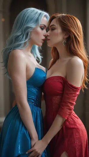 score_9, score_8_up, score_7_up, score_6_up, (lina from dota, with red dress and red hair), (crystal maiden from dota, with blue dress and blue hair), lina and cystyal maiden kissing