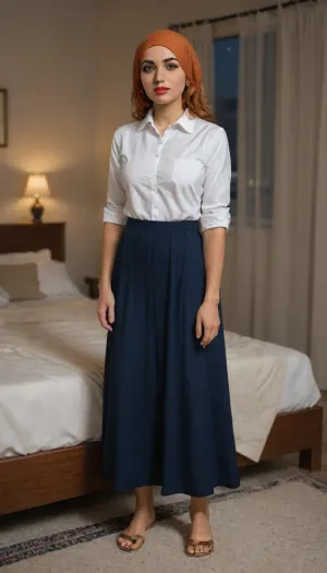 hijab, ginger, black eyes, heavy freckles, medium breasts, white collared shirt with rolled up sleeves, dark blue skirt, red lipstick, bedroom at night, full body view