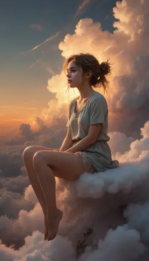 Art by WLOP, Cushart, Carne Griffiths, a very cute beautiful girl sitting on a cloud, dreamy atmospheric lighting, ethereal, serene, captivating composition, beautiful color palette, rough brushstrokes, sunset, above the clouds