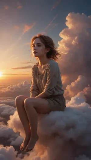 Art by WLOP, Cushart, Carne Griffiths, a very cute beautiful girl sitting on a cloud, dreamy atmospheric lighting, ethereal, serene, captivating composition, beautiful color palette, rough brushstrokes, sunset, above the clouds