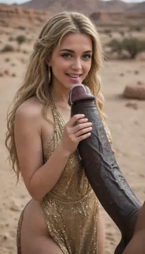 Gorgeous blonde European girl wearing a revealing fancy gold embroidered dress, long flowing blonde hair, happy, wearing jewelry, in a desert oasis, blue eyes, massive hung black man standing beside her dripping cum from the tip of his cock, (giant black cock:1.6), (cum:1.4)