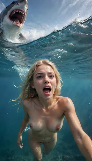 UHD 8K, cinematic masterpiece, maximum details, maximum quality, maximum realism, score 9, score 8 up, score 7 up, (realism:1), A candid closeup selfie angle gopro photo of a gorgeous topless blonde young screaming women, she is swimming in the ocean, being chased by an angry gigantic shark, she have horror face, “highly detailed”, “HDR”, “4K resolution”, “8K resolution”, “hyperrealistic”, “photorealistic”, “cinematic lighting”, “professional”, "perfect composition", <lora:SDXL_BetterFaces-LoRA_v1:.8>, zavy-ndrwtr, split, frame, underwater, crashing, wave, water, edge, <lora:zavy-ndrwtr-sdxl:.8>
