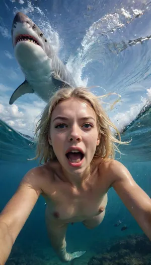 UHD 8K, cinematic masterpiece, maximum details, maximum quality, maximum realism, score 9, score 8 up, score 7 up, (realism:1), A candid closeup selfie angle gopro photo of a gorgeous topless blonde young screaming women, she is swimming in the ocean, being chased by an angry gigantic shark, she have horror face, “highly detailed”, “HDR”, “4K resolution”, “8K resolution”, “hyperrealistic”, “photorealistic”, “cinematic lighting”, “professional”, "perfect composition", <lora:SDXL_BetterFaces-LoRA_v1:.8>, zavy-ndrwtr, split, frame, underwater, crashing, wave, water, edge, <lora:zavy-ndrwtr-sdxl:.8>
