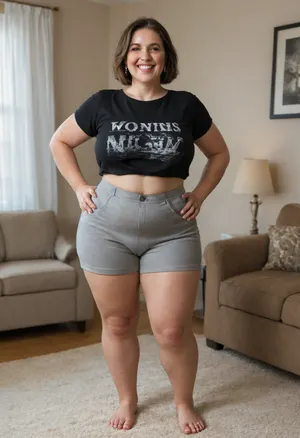 Full portrait picture of a obese 70 year old mature woman, gilf, in a living room, plump waist, thick, big fupa, cameltoe, wide hips, heather grey t-shirt, high waist heather grey shorts, fat round face, (really saggy tits), light eyes, long hair, bob cut brunette hair, slicked-back hair, wide bowed lips, lips parted, smiling, laugh lines, wrinkles around eyes, drooping saggy c-cup torpedo tits, fully dressed