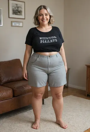 Full portrait picture of a obese 70 year old mature woman, gilf, in a living room, plump waist, thick, big fupa, deep cameltoe, wide hips, heather grey t-shirt, high waist heather grey shorts, fat round face, (really saggy tits), light eyes, long hair, bob cut light brunette hair with highlights, slicked-back hair, wide bowed lips, lips parted, smiling, laugh lines, wrinkles around eyes, drooping saggy c-cup torpedo tits, fully dressed