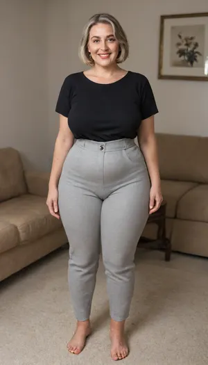 Full portrait picture of a obese 70 year old mature woman, gilf, in a living room, plump waist, thick, big fupa, deep cameltoe, wide hips, heather grey plain t-shirt, high waist heather grey shorts, fat round face, (really saggy tits), light eyes, bob cut light brunette hair with highlights, slicked-back hair, wide bowed lips, lips parted, smiling, laugh lines, wrinkles around eyes, drooping saggy c-cup torpedo tits, fully dressed