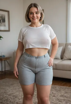 Full portrait picture of a obese 70 year old mature woman, gilf, in a living room, plump waist, thick, big fupa, deep cameltoe, wide hips, heather grey plain t-shirt, high waist heather grey shorts, fat round face, (really saggy tits), light eyes, bob cut light brunette hair with highlights, slicked-back hair, wide bowed lips, lips parted, smiling, laugh lines, wrinkles around eyes, drooping saggy c-cup torpedo tits, fully dressed