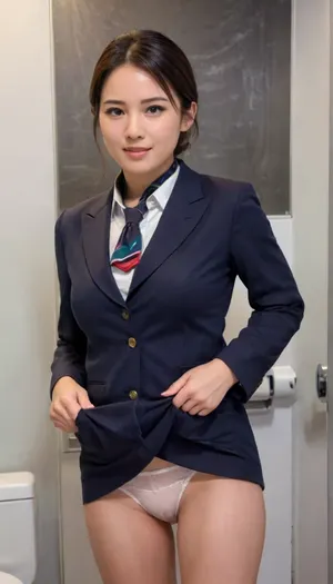 in toilet cabine, CHINESE stewardess, front view, (naked:1.3), tall and slim long legs， legs open, (skirt up, squatting on a toilet:1.2), (white underpanties pull down:1.3), (full body, bottom naked:1.2), (stewardess uniform, grey waistcoat, white short sleeve shirt, mandarin collar, (long legs:1.2), Chinese female, chinese face, featuring a simple background wall, ultra-detailed, highres, follow reference image text style, CFG 13, denoising 0.4. short black hairstle, blushing face, shameful, embarrassed, matured, close up, slender body, beautiful long legs, perfect hands, perfect fingers, (black stewardess flat shoes:1.2), small square blue scarf, beautiful face, ankle, The scene is photorealistic, with vibrant colors, soft stage lighting, and ultra-high detail, 4K resolution, woman, squat), alitalia_woman_jacket, alitalia_woman_skirt, alitalia_woman_white_shirt_short_sleeves, alitalia_woman_white_shirt_long_sleeves, alitalia_woman_dress, alitalia_green_silk_scarf, alitalia_red_silk_scarf, alitalia_blue_silk_scarf, alitalia_wool_scarf, alitalia_id_card, alitalia_badge, flight, attendant, stewardess, steward, yearbook, shot, bookworm, pose, squat, best, dressed, background, skirtlift, siastch, sitting, astride, a, chair, with, open, back, <lora:alitfina100Ep:.7>, <lora:yearbookshot_v1:.9>, <lora:267001_training_data:1.3>, <lora:skirtlift_xl:.5>, <lora:SitAstrideChair.0.9:1>