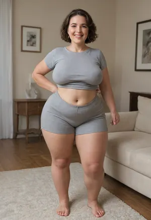 Full portrait picture of a obese 70 year old mature woman, gilf, in a living room, plump waist, thick, big fupa, cameltoe, wide hips, heather grey t-shirt, satin high waist heather grey shorts, fat round face, (really saggy tits), light eyes, bob cut brunette hair, slicked-back hair, wide bowed lips, lips parted, smiling, laugh lines, wrinkles around eyes, drooping saggy c-cup torpedo tits, fully dressed