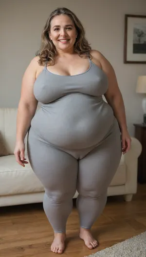 Full portrait picture of a, (obese:1.5), 60 year old mature woman, gilf, in a living room, plump waist, thick, big fupa, (cameltoe:1.3), wide hips, heather grey leotard, very tight cotton high waist heather grey leggings, fat round face, (really saggy tits), light eyes, long hair, layered cut light brunette hair, slicked-back hair, wide bowed lips, lips parted, smiling, laugh lines, wrinkles around eyes, drooping saggy c-cup torpedo tits, fully dressed