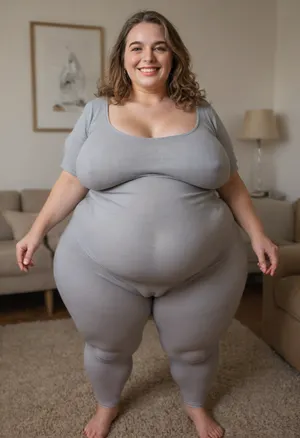 Full portrait picture of a, (obese:1.5), 60 year old mature woman, gilf, in a living room, plump waist, thick, big fupa, (cameltoe:1.3), wide hips, heather grey leotard, very tight cotton high waist heather grey leggings, fat round face, (really saggy tits), light eyes, long hair, layered cut light brunette hair, slicked-back hair, wide bowed lips, lips parted, smiling, laugh lines, wrinkles around eyes, drooping saggy c-cup torpedo tits, fully dressed