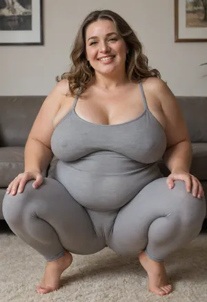 Lubica, Full portrait picture of a, (obese:1.5), 60 year old mature woman, gilf, in a living room, plump waist, thick, big fupa, (cameltoe:1.3), wide hips, heather grey leotard, very tight cotton high waist heather grey leggings, fat round face, (really saggy tits), light eyes, long hair, layered cut light brunette hair, slicked-back hair, wide bowed lips, lips parted, smiling, laugh lines, wrinkles around eyes, drooping saggy c-cup torpedo tits, fully dressed, squatting