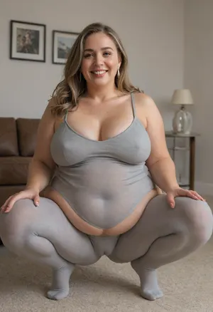 Lubica, stepaunt, Full portrait picture of a, (obese:1.5), 60 year old mature woman, gilf, in a living room, plump waist, thick, big fupa, (cameltoe:1.3), wide hips, heather grey leotard, very tight cotton high waist transparent heather grey leggings, fat round face, (really saggy tits), light eyes, long hair, layered cut light brunette hair, slicked-back hair, wide bowed lips, lips parted, smiling, laugh lines, wrinkles around eyes, drooping saggy c-cup torpedo tits, fully dressed, squatting