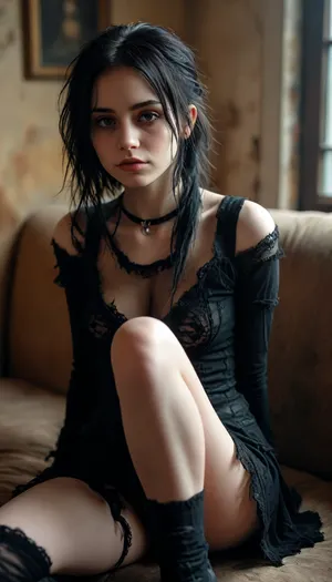 ripped revealing clothes, Sitting, hugging her knees, a girl, Knees, goth, Small tits, <lora:MJ52:.3>