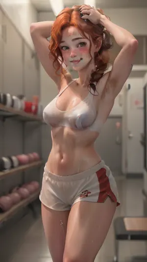 (Jodi Taylor, cute face), 20 year old, sweaty college very cute girl in the dark locker room after practice, (absolutely naked 2.5), medium tits, CrossFit body, single french braid in her short auburn hair with sidelocks, loving looking, smiling, 111cine8matic55, gym, <lora:weight_slider_v2:.4>, <lora:epiCRealismHelper:1>, <lora:CineStyle5:.3>