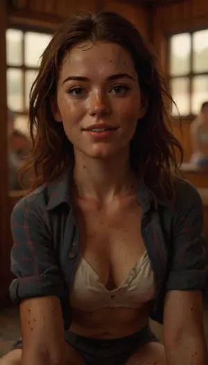 1woman, student, communist workers, CrossFit body, gymnastic legs, gymnastic hands, lots of freckles face, lots of freckles head, lots of freckles body, no makeup, very oiled skin, horny face, cute smile, hypnotized eyes, perfect eyes, winks eyes, plaid shirt, unbuttoned all buttons, white panties, ((manga style)), Art, by, Boris, Vallejo, Style, comic, book, a, drawing, of, in, the, style, patrick-leger, <lora:MJ52:.5>, <lora:Fantasy_art_XL_V1:.5>, <lora:EldritchComicsXL1.2:.5>, <lora:patrick-leger-sdxl-v1-000048:.5>