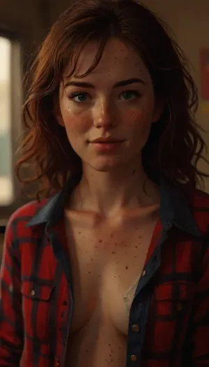 1woman, student, communist workers, lots of freckles face, lots of freckles head, lots of freckles body, no makeup, oiled skin, horny face, cute smile, hypnotized eyes, perfect eyes, winks eyes, plaid shirt, unbuttoned all buttons, white panties, ((manga style)), Art, by, Boris, Vallejo, Style, comic, book, a, drawing, of, in, the, style, patrick-leger, <lora:MJ52:.5>, <lora:Fantasy_art_XL_V1:.5>, <lora:EldritchComicsXL1.2:.5>, <lora:patrick-leger-sdxl-v1-000048:.5>