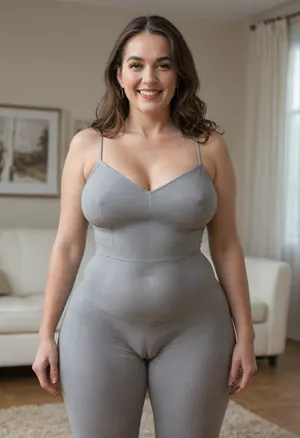 Full portrait picture of a obese 60 year old mature woman, gilf, in a living room, plump waist, thick, big fupa, (cameltoe:1.3), wide hips, heather grey leotard, cotton high waist heather grey leggings, fat round face, (really saggy tits), light eyes, long hair, layered cut brunette hair, slicked-back hair, wide bowed lips, lips parted, smiling, laugh lines, wrinkles around eyes, drooping saggy c-cup torpedo tits, fully dressed