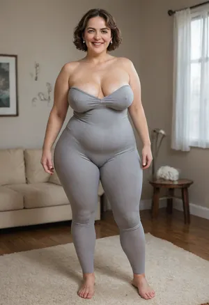 Full portrait picture of a obese 60 year old mature woman, gilf, in a living room, plump waist, thick, big fupa, (cameltoe:1.3), wide hips, heather grey leotard, cotton high waist heather grey leggings, fat round face, (really saggy tits), light eyes, layered cut brunette hair, slicked-back hair, wide bowed lips, lips parted, smiling, laugh lines, wrinkles around eyes, drooping saggy c-cup torpedo tits, fully dressed