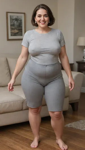 Full portrait picture of a obese 70 year old mature woman, gilf, in a living room, plump waist, thick, big fupa, cameltoe, wide hips, heather grey t-shirt, satin high waist heather grey shorts, fat round face, (really saggy tits), light eyes, bob cut brunette hair, slicked-back hair, wide bowed lips, lips parted, smiling, laugh lines, wrinkles around eyes, drooping saggy c-cup torpedo tits, fully dressed