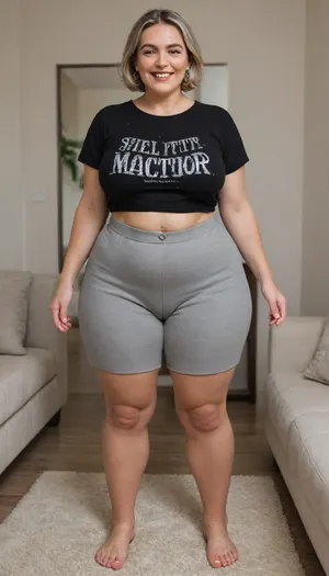 Full portrait picture of a obese 70 year old mature woman, gilf, in a living room, plump waist, thick, big fupa, deep cameltoe, wide hips, heather grey plain t-shirt, high waist heather grey shorts, fat round face, (really saggy tits), light eyes, bob cut light brunette hair with highlights, slicked-back hair, wide bowed lips, lips parted, smiling, laugh lines, wrinkles around eyes, drooping saggy c-cup torpedo tits, fully dressed