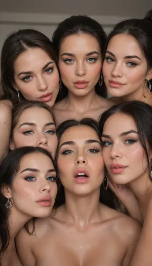 professional photo. sexy lady style, huge beautiful shiny bottomless blue eyes, huge fluffy eyelashes, arrows, smoky eyes, giant heavy bust, luxurious black hair, gathered back in a high long ponytail, earrings, bimbo, night in a chic bedroom, she has nothing on, eyes closed, wet, passion, wet plump lips, fingers to lips, moaning with pleasure, posing close-up very close, stunning eyes