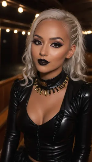 girl, 20 years, european asian girl, very busty, skinny, (((tanned skin))), little braids, (small thin face:1.4), (white hair:1.2), (dimples), (very long big thick eyelashes:1.2), ((gothic make up, thick lips with glossy saturareted black lipstick)), belly piercing, bracelets, shiny black latex leggings, ((ruffled glittering top, shiny golden jacket)), cleavage, choker, earrings, studded belt, jewellery, high heeled platform boots, smiling braided, side, on a ship, at night, smiling, face, close up, <lora:Braided_Sides_V1:2>, <lora:LeggingsXL_-_Latex.ID:1.7>