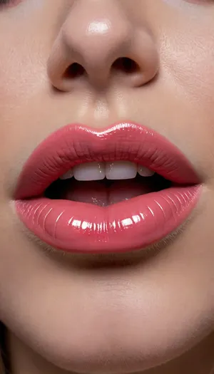 Huge juicy silicone female bimbo lips, high gloss lipstick, extremely closeup, Extremely detailed