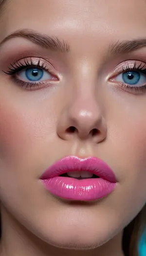 Huge juicy silicone female bimbo lips, high gloss lipstick, doe eyes, extremely closeup, Extremely detailed, blue eyes, pink lips